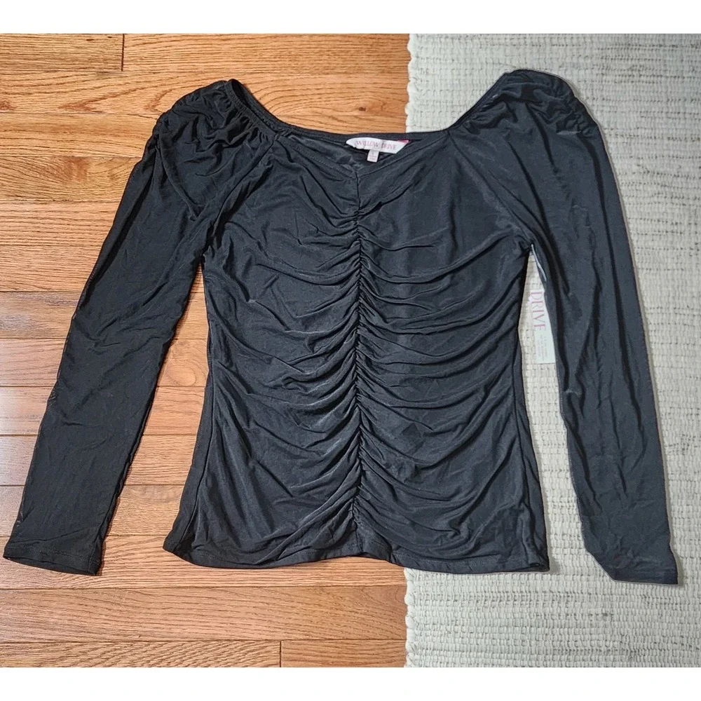 Willow Drive Ruched Mesh Top‎ L Black Long Sleeve V-Neck Goth